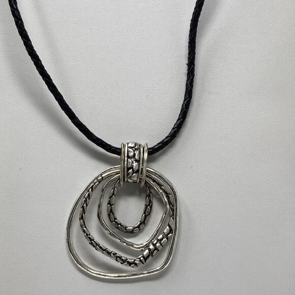 CHICO'S Necklace Concentric Open Irregular Round Textured Silver Tone Black Cord - Picture 7 of 7